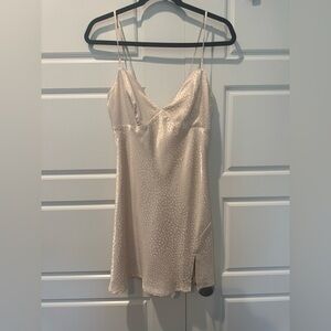 Beivy Satin Slip Babydoll Dress Leopard Print Cream Mini Slit Womens Size Small